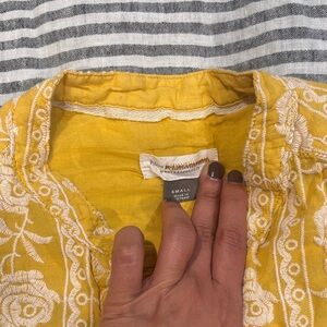 Pilcro and the Letterpress Mustard Blouse with Cream Embroidery